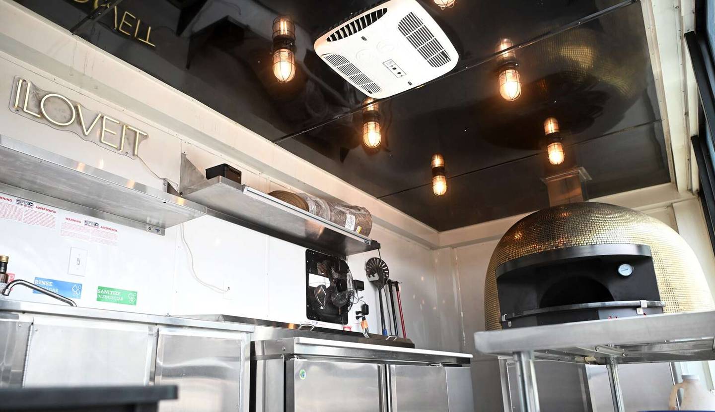 The Tievoli Pizza Bar truck has enough space for about five people to work and has put out as many as 150 pizzas an hour.