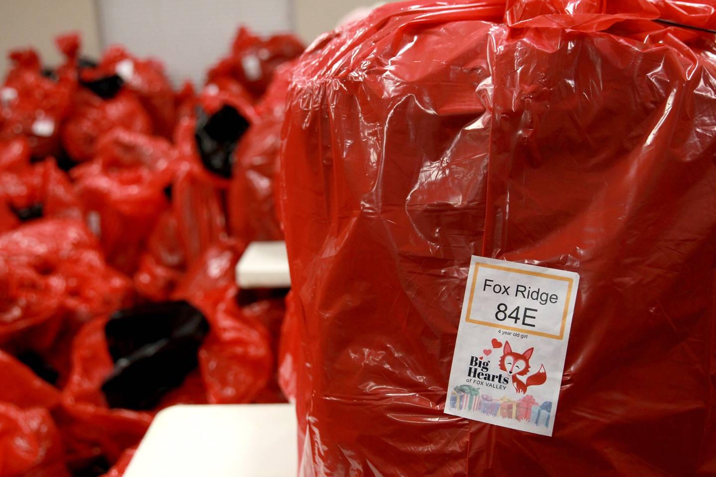 Bags full of gifts are organized for 231 families in St. Charles School District 303 for the annual Big Hearts of Fox Valley Christmas Gift Sponsorship Program on Tuesday, Dec. 3, 2024.