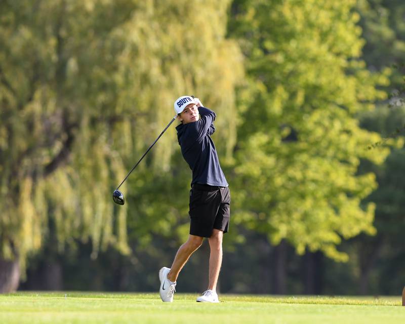 Gavin Baxa of Plainfield South watches his drive during the Plainfield Central regional on Wednesday Oct. 1, 2025, held at Wedgewood Golf Course in Plainfield.