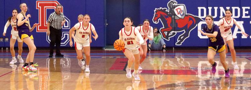 Huntley’s Luca Garlin brings the ball up court to conclude a win over Hononegah in girls basketball at Dundee-Crown High School in Carpentersville on Tuesday, November 25, 2025.