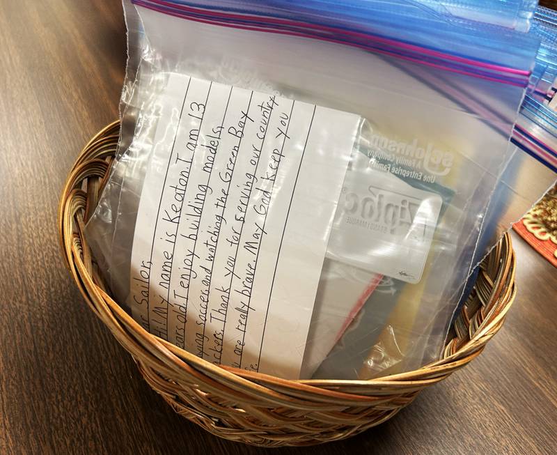 Cards created by adults and children were part of care packages assembled for sailors on the USS Fitzgerald at the Evangelical Free Church of Mt. Morris  on Thursday, Oct. 16, 2025.