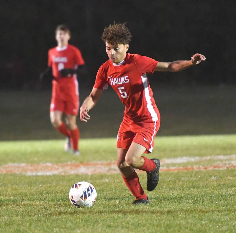 Oregon's Ivan Hernandez (5) moves the ball against North Boone at the 1A Byron Regional on Tuesday, Oct. 21, 2025.
