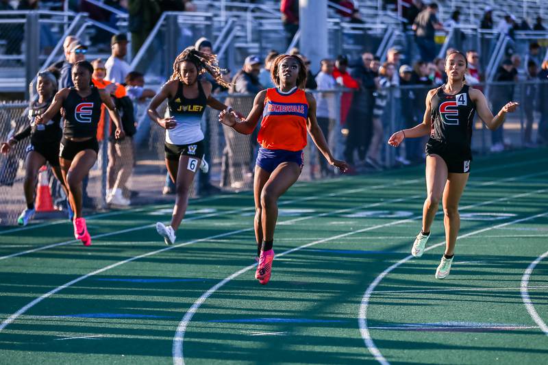 Romeoville's Tania Miller in the 100 meters at the  Girls Track, Southwest Prairie Conference meet.  May 3, 2023.