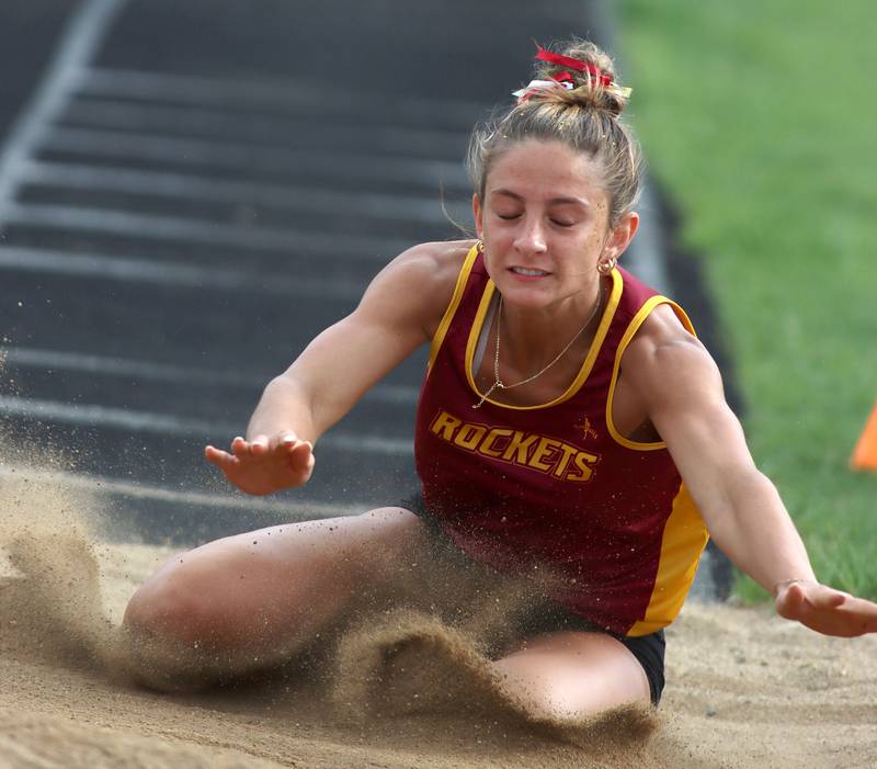 Richmond-Burton’s Sophia Komar competes in the long jump during KRC Conference Track Meet action at Marengo High School in Marengo on Tuesday, May 6, 2025.