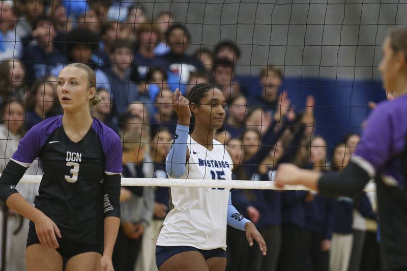 Downers Grove South's Ciara Steward (15) reacts after a kill during Class 4A Lyons Sectional Semifinal volleyball match between Downers Grove South at Downers Grove North. Nov 4, 2025 in La Grange.