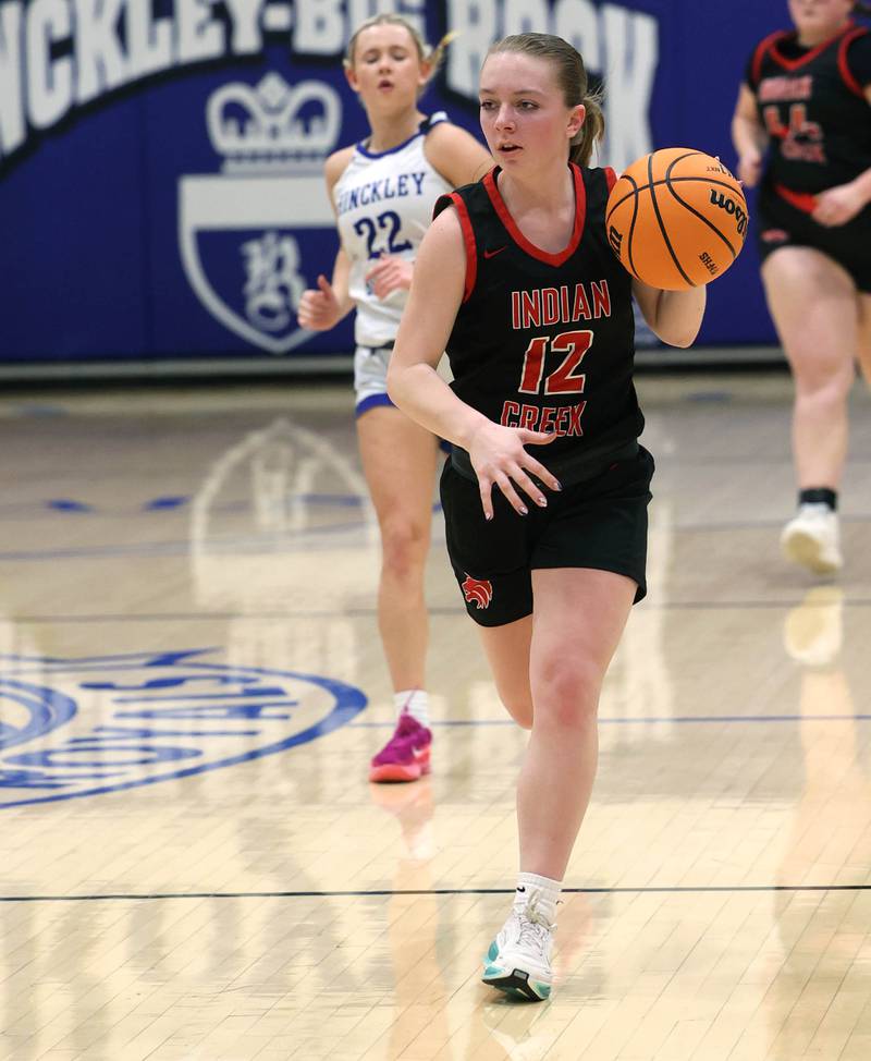 Indian Creek's Bethany Odle brongs the ball up ahead of Hinckley-Big Rock's Anna Herrmann during their game Thursday, Jan. 29, 2026, at Hinckley-Big Rock High School.