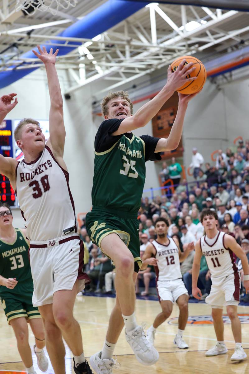 Bishop McNamara's Richard Darr goes for a layup during the Fightin' Irish's 77-70 loss to Tolono Unity in the IHSA Class 2A Pontiac Supersectional on Monday, March 9, 2026.