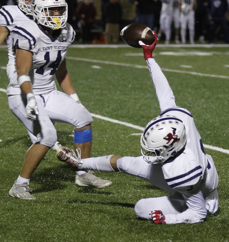 St. Viator's Driese Raap celebrates his interception in the fourth quarter during a IHSA Class 4A first round playoff football game Friday, Oct. 27, 2023, at Richmond-Burton High School in Richmond.