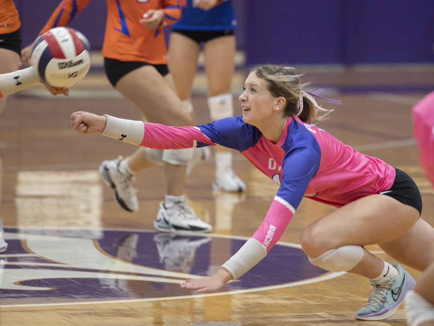 Dixon’s Isabelle Quackboerner reaches to save a shot against Genoa-Kingston Thursday, Oct. 17, 2024.