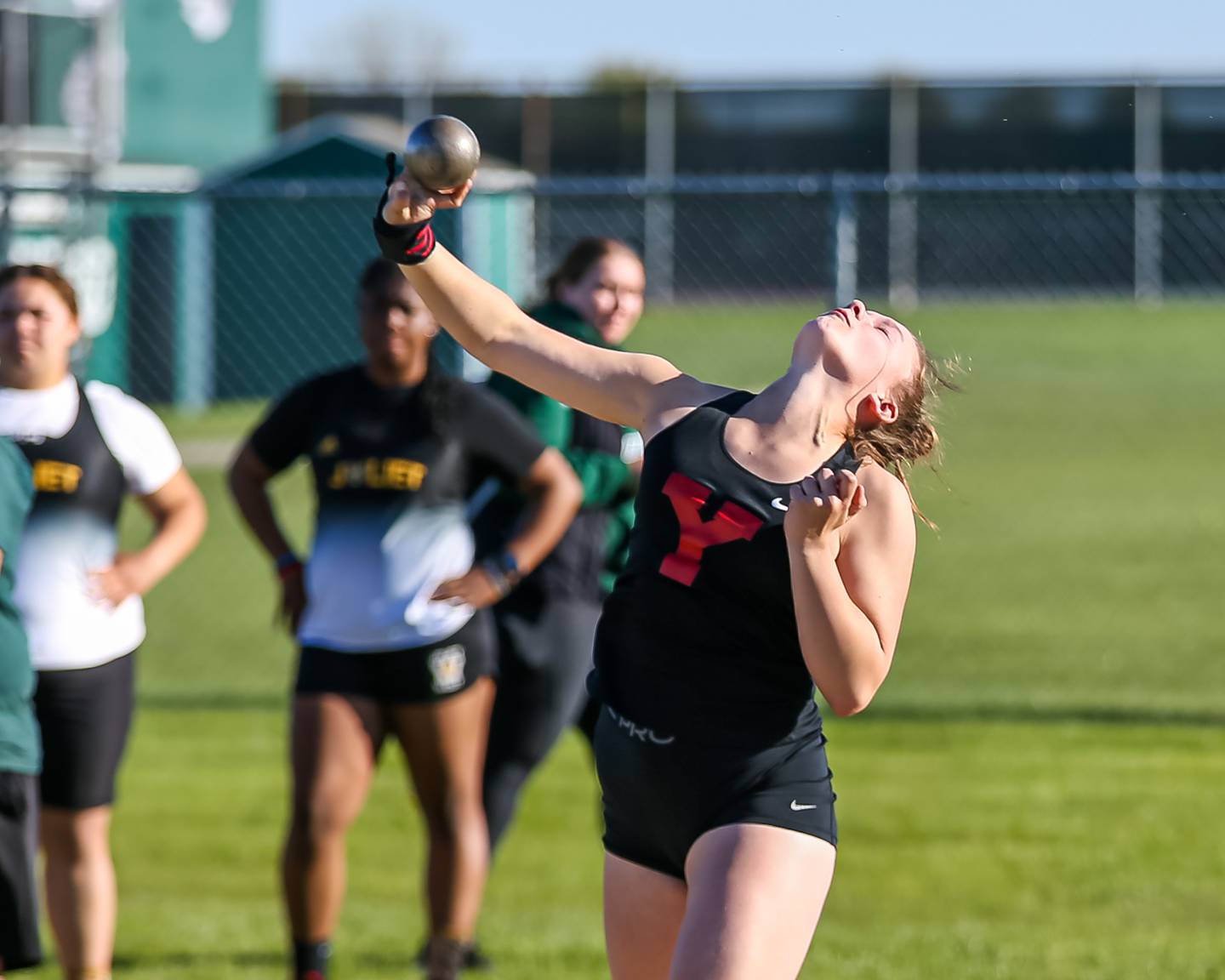 Yorkville's Courtney Clabough competes in the shot put at the  Girls Track, Southwest Prairie Conference meet.  May 3, 2023.
