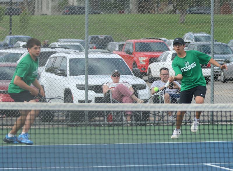 L-P's Erick Sotelo and Drego Mondragon play tennis on Tuesday, April 21, 2026 in the Henderson-Guenther Tennis Facility at Ottawa High School.