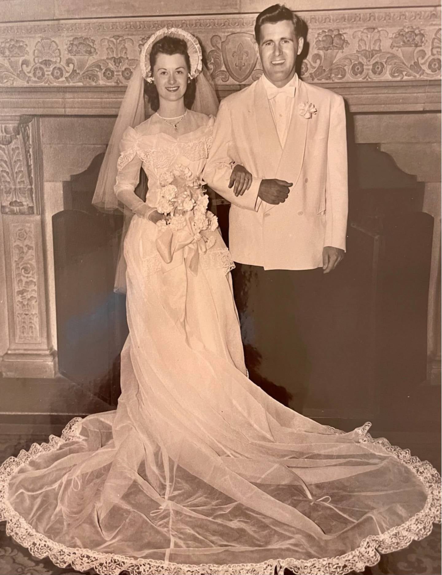 After serving in World War II, Glenn Masek returned to Joliet, and met Helen Gleason on a blind date.  They were married on May 14, 1949, at the Cathedral of Saint Raymond Nonnatus.