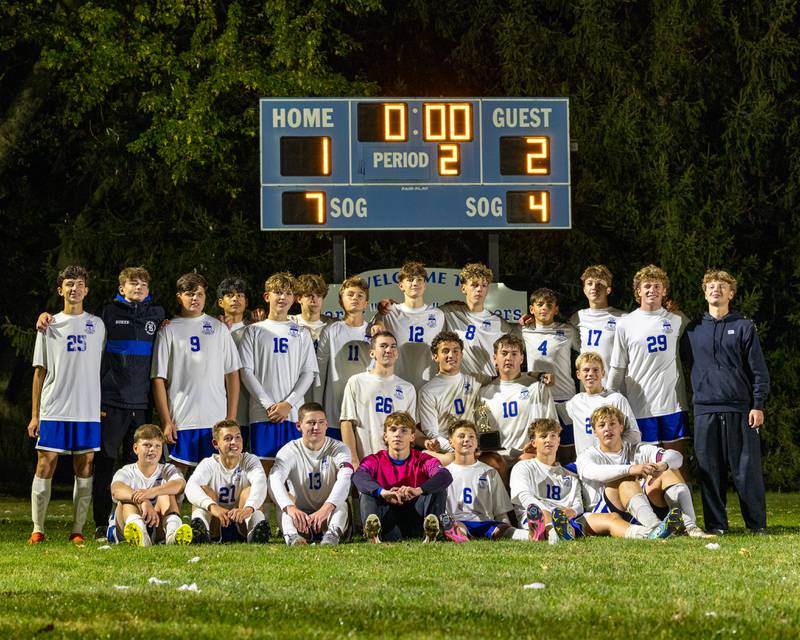 Players of Hinckley-Big Rock pose for photo after winning the Little Ten Conference Championship match against Somonauk/Leland/Newark on Thursday, Oct. 9, 2025 at Hinckley-Big Rock School in Hinckley.