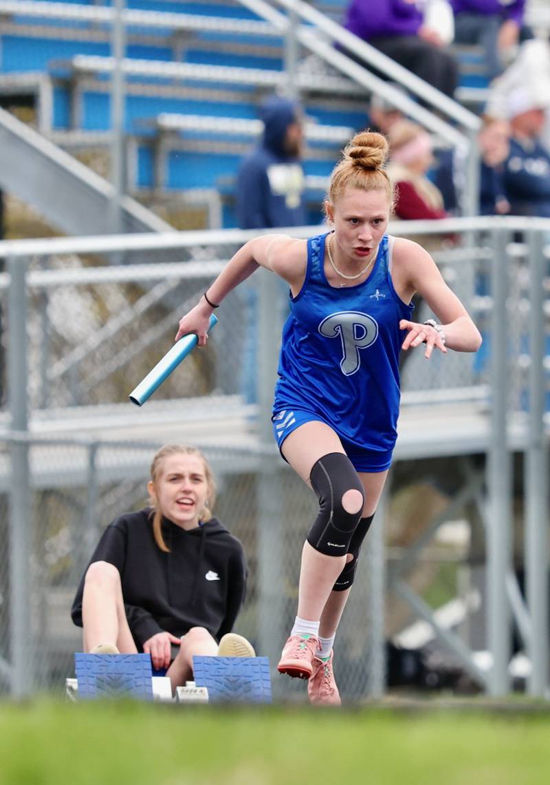 Princeton's  Journey Short gets started in a sprint relay in Thursday's Howard-Monier Meet at Princeton.