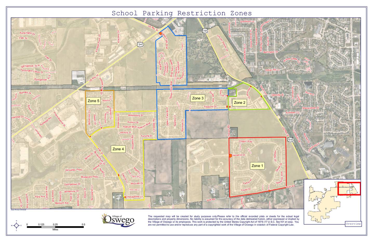 Proposal of new parking zones for overflow Oswego East High School students.