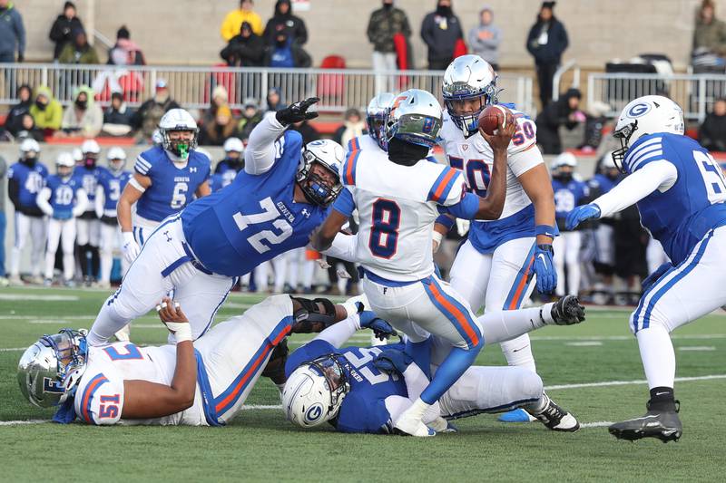 Geneva’s defense forces an incomplete pass against East St. Louis in the Class 6A state championship on Saturday, Nov. 30, 2024 in Normal.