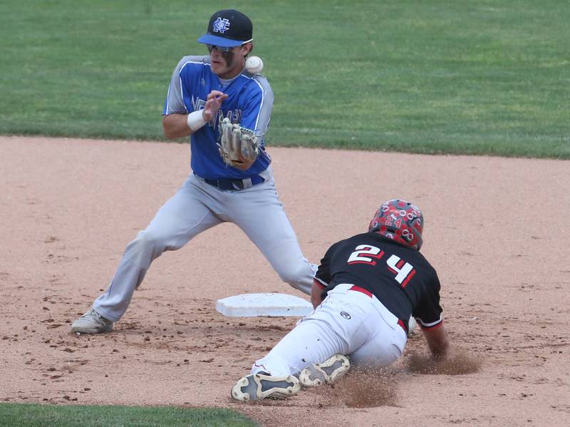 Newman's Nolan Britt misses the throw down to second base as Henry-Senachwine's Mason Johnson slides into bag safely during the Class 1A State semifinal game on Friday, June 2, 2023 at Dozer Park in Peoria.