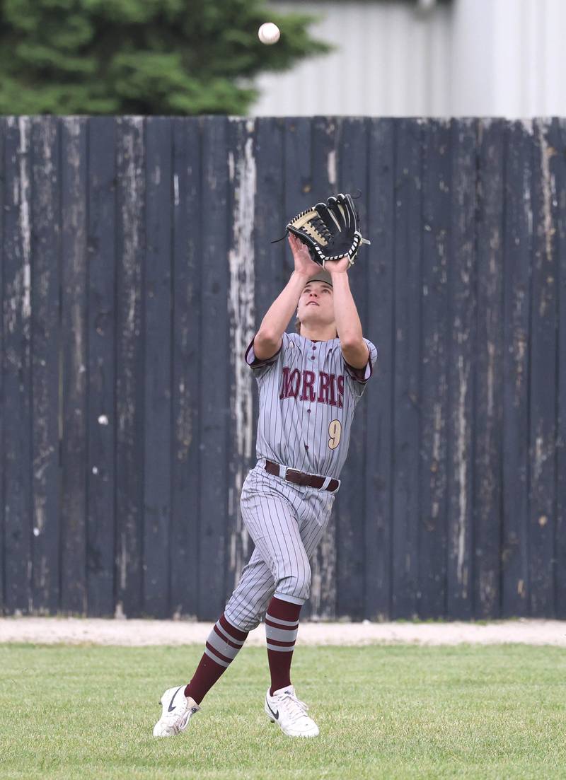 Morris' Grady Hutchcraft makes a catch in the outfield Wednesday, May 13, 2026, during their game against Sycamore at the Sycamore Community Sports Complex.