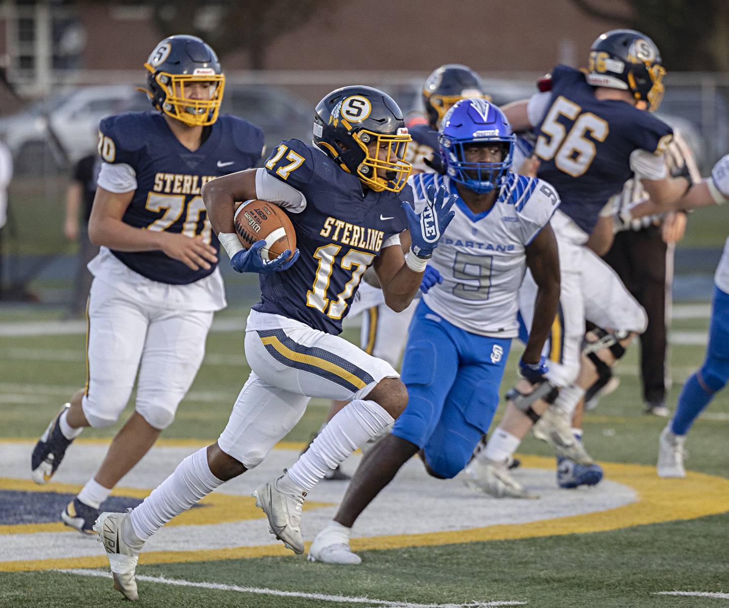 Sterling’s Kaedon Phillips looks for running room against St. Francis Saturday, Nov. 4, 2023 in a class 5A playoff game in Sterling.