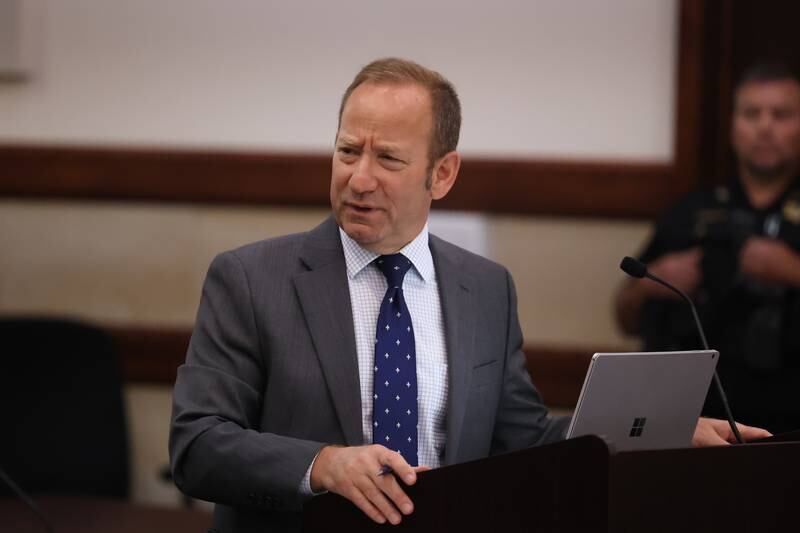 Prosecuting attorney Mark Shlifka during the Javier Esqueda status hearing at the Kendall County Courthouse. Esqueda faces official misconduct charges for leaking video of Eric Lurry’s arrest. Lurry died from a drug overdose. Tuesday, June 14, 2022 in Yorkville.