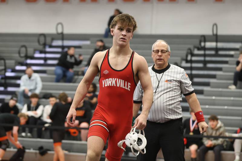 Yorkville’s Donovan Rosaver leaves the mat after defeating Joliet West’s Coehn Weber in the SouthWest Prairie Conference 150 pound championship on Saturday, Jan. 24, 2026 in Minooka.