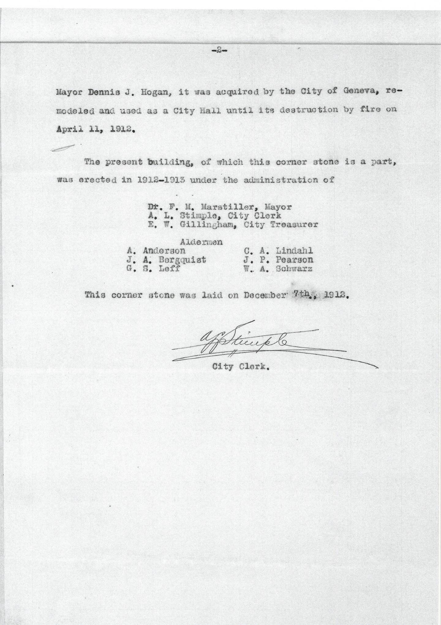 The second page of 1912 Geneva City Clerk Arthur L. Stimple's documentation for the cornerstone of the new City Hall.