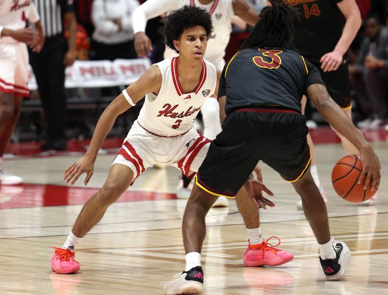 Northern Illinois' guard Carlos Coronado plays defense against Louisiana-Monroe's guard Krystian Lewis Monday, Nov. 3, 2025, during their game at the Convocation Center at NIU in DeKalb.