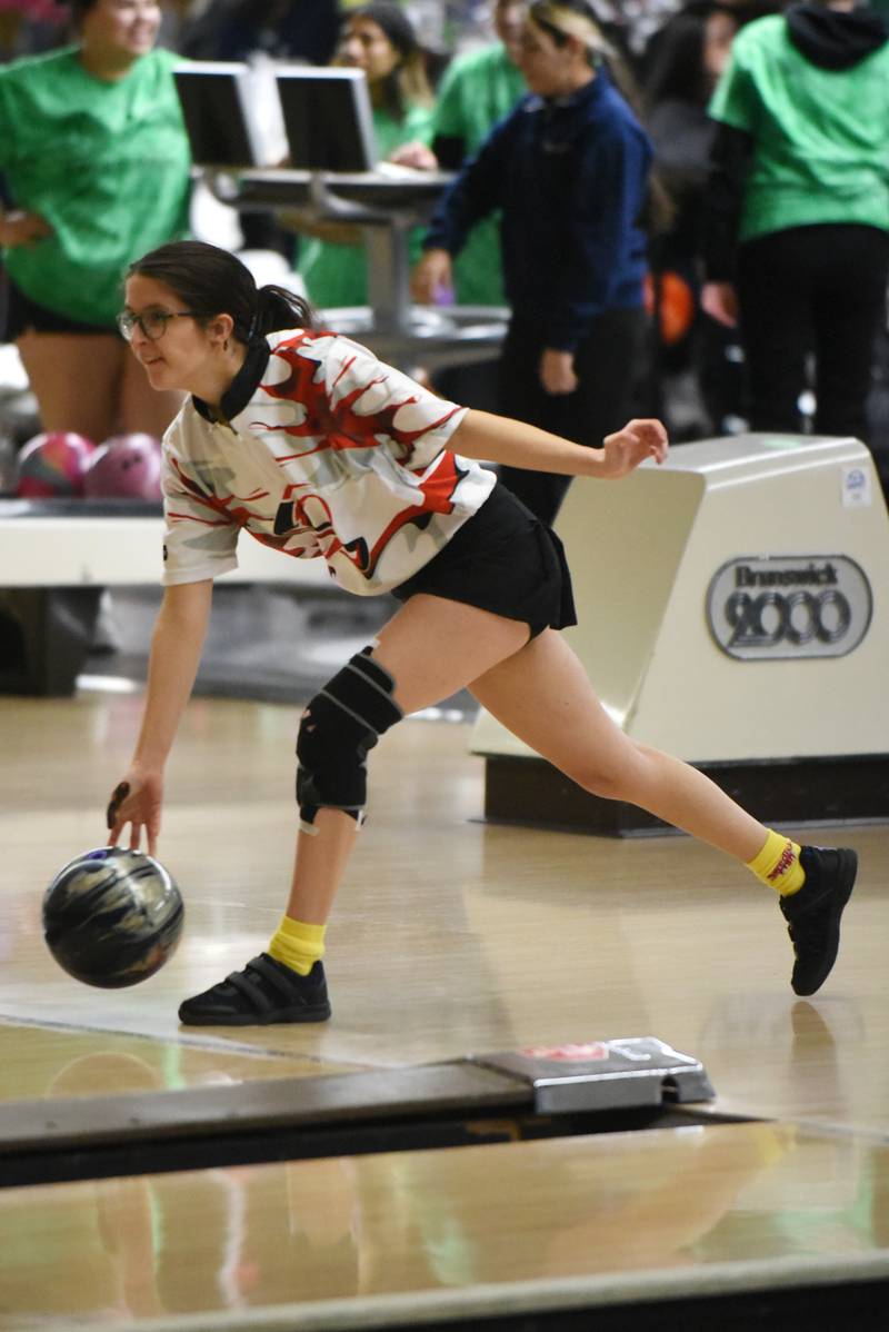 Bradley-Bourbonnais' Izabella Smith bowls during the All-City girls bowling meet at Brookmont Bowling Center in Kankakee Wednesday, Feb. 5, 2025.