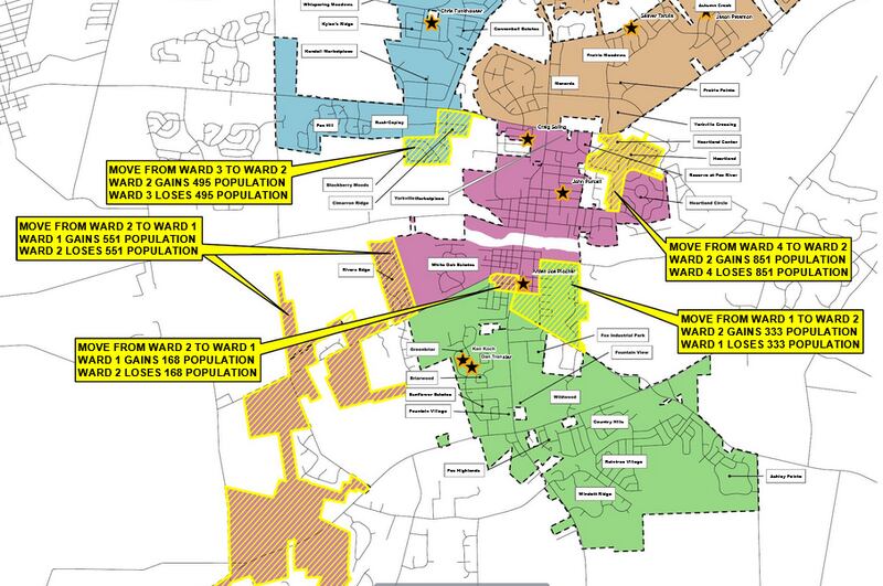 Changes to Yorkville's City Council ward boundaries will be concentrated in the central and southern portions of the city as shown on this remap proposal. Ward 1 is green. Ward 2 is red. Ward 3 is blue. Ward 4 is brown. (City of Yorkville)