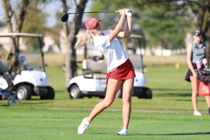 Lincoln-Way Central's Kristin Kroll tees off hole one in the 2A Rich Township Regional girls golf tournament on Tuesday, Sept. 30, 2025 in University Park.