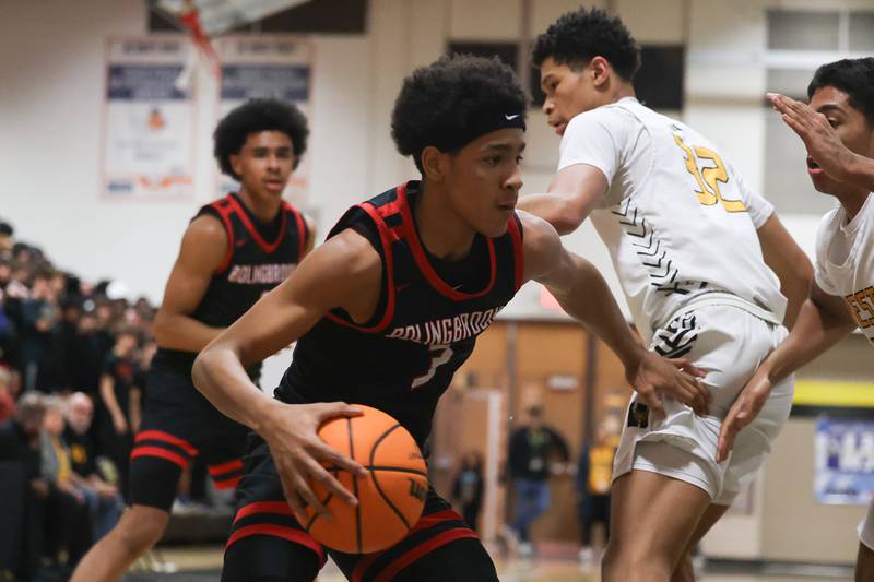 Bolingbrook’s Davion Thompson drives to the basket against Joliet West on Friday, Jan 24, 2025 in Joliet.