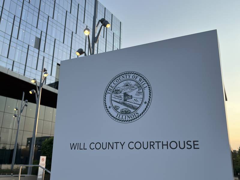 Entrance sign for the Will County Courthouse on Aug. 5, 2025 in Joliet.