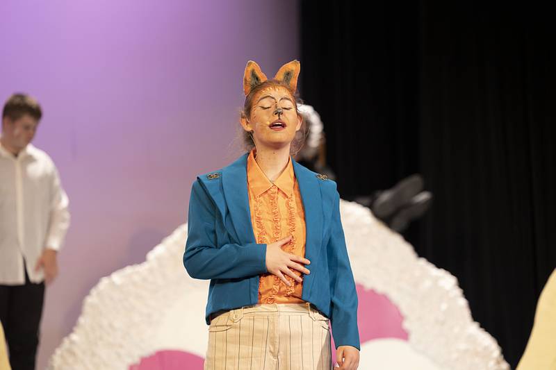 District Attorney Grace Shoemaker-Fenwick rehearses a scene Tuesday, Nov.1, 2022 as the district attorney for Dixon High School's production of "Fairy Tale Courtroom." There will be showings Friday, Saturday and Sunday at the high school auditorium.
