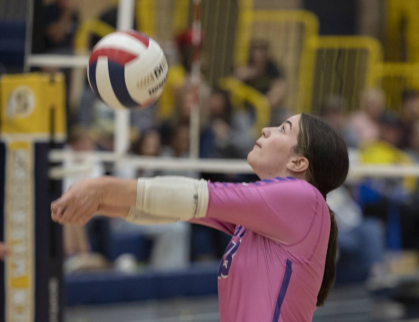 Mendota’s Ella Martin plays the ball against Sterling Thursday, Oct. 24, 2024, in Sterling.