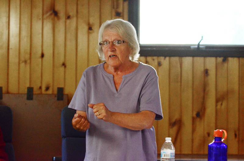 Coloma Township Board member Becky Williamson speaks out Sept. 10, 2025, about why the township should not consider purchasing a new buiding.