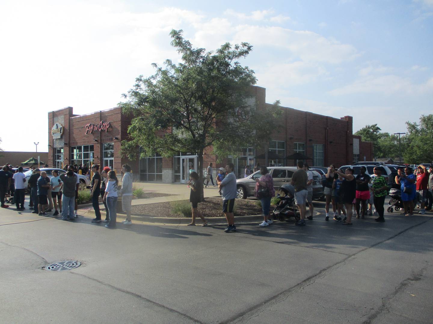 The line was growing and the parking lot was filling within the first half-hour of a chicken sandwich giveaway on Thursday  to celebrate the grand opening for the Fry the Coop restaurant in Joliet. Aug. 14, 2025