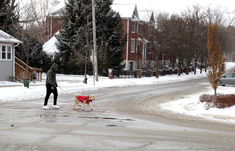 A man and his dog walk through downtown Downers Grove as temperatures dip below zero on Friday, Dec. 23, 2022.