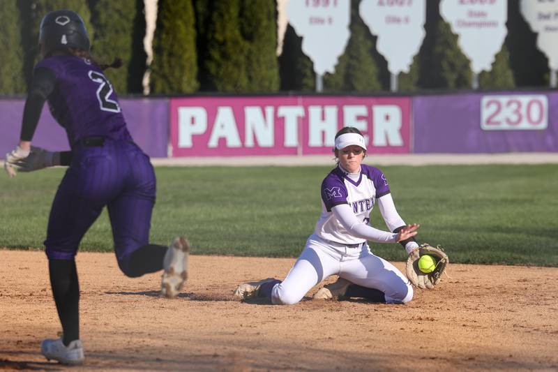 Manteno's Sophie Peterson fields a ball in the infield as Wilmington's Sami Liaromatis heads to second base during the Panthers' 9-7 victory over the Wildcats on Tuesday, April 8, 2025.