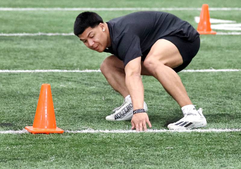Former Northern Illinois University safety Nate Valcarcel runs a shuttle drill for NFL scouts during pro day Monday, March 17, 2025, in the Chessick Practice Center at NIU in DeKalb.