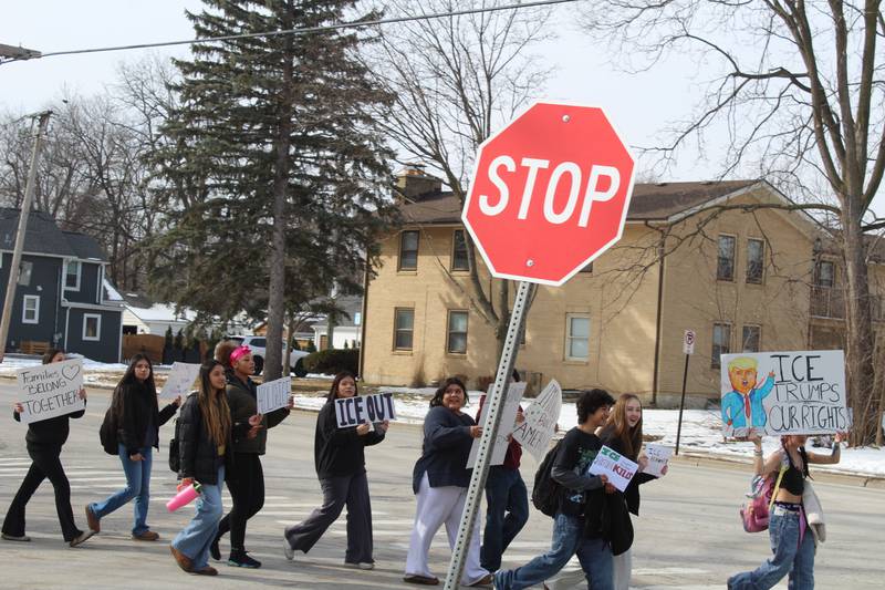 Crystal Lake Central Students walk out of the school down McHenry Avenue to protest against the actions of Immigration and Customs Enforcement agents on Feb. 9, 2026.