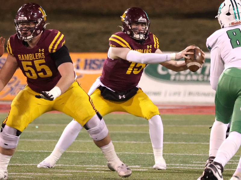 Loyola Academy's Ryan Fitzgerald corals a bad snap during their Class 8A state championship game against York Saturday, Nov. 30, 2024, in Hancock Stadium at Illinois State University in Normal.