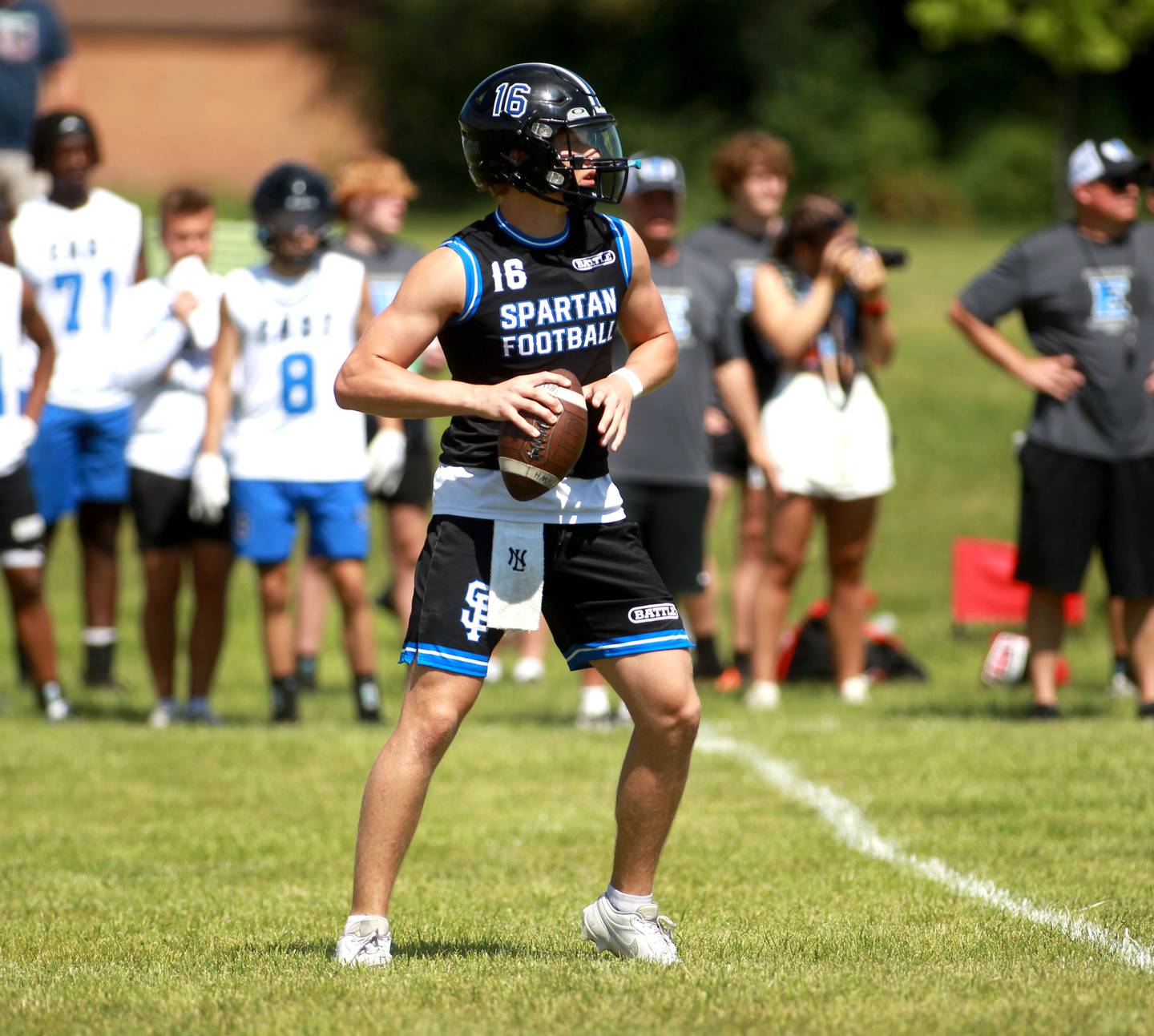 St. Francis quarterback Brady Palmer throws the ball during a 7-on-7 tournament at Naperville North on Thursday, June 27, 2024.