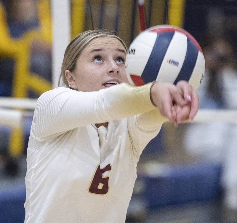 Morris’ Alyssa Jepson makes a play against Sterling Thursday, Oct. 30, 2025, in the Class 3A volleyball regional.
