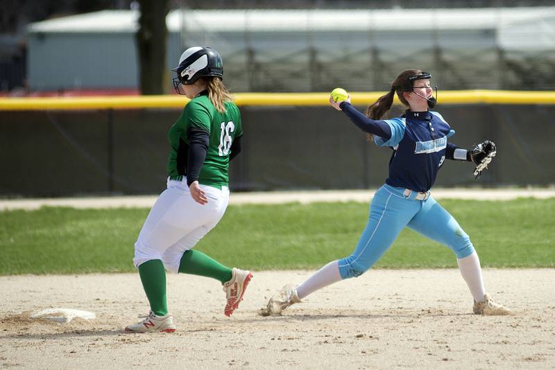 Bureau Valley's Lesleigh Maynard fires to first to complete at double-play against Rock Falls Saturday, April 16, 2022.