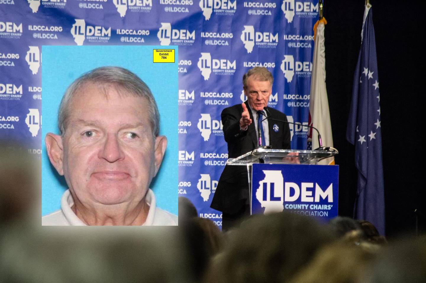 Ex-lobbyist Mike McClain is pictured in his driver's license photo, which was submitted as evidence in his federal court trial this week in a case where he and three others allegedly bribed former House Speaker Michael Madigan (right) with jobs and contracts for the speaker’s political allies in exchange for legislation favorable to electric utility Commonwealth Edison. Madigan photo and illustration by Jerry Nowicki; McClain photo obtained from trial exhibit