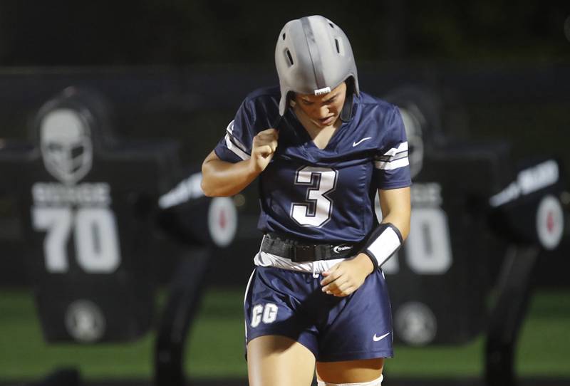 Cary-Grove's Kennedy Manning walks back after to the line of scrimmage after having her flags pulled trying to sober a touchdown during an IHSA McHenry Sectional semifinal girls flag football game against Harlem on Monday, Oct. 13, 2025, at McCracken Field in McHenry.