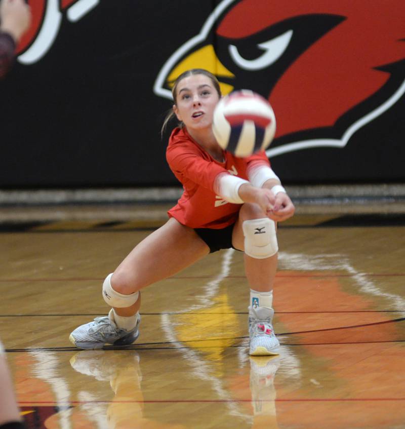 Oregon's Grace Tremble (2) digs a serve during a Big Northern Conference contest on Thursday, Oct. 17, 2024 at Stillman Valley.