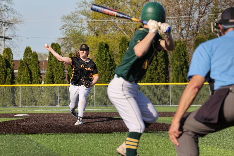 Herscher's Nash Brubaker pitches during the Tigers 21-0 victory over Grant Park on Wednesday, April 23, 2025.