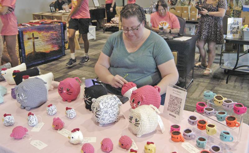 Erica Sexton of Sew What by Erica knits at the McCormick Center during George Fest on Saturday, July 26, 2025, in Rock Falls.