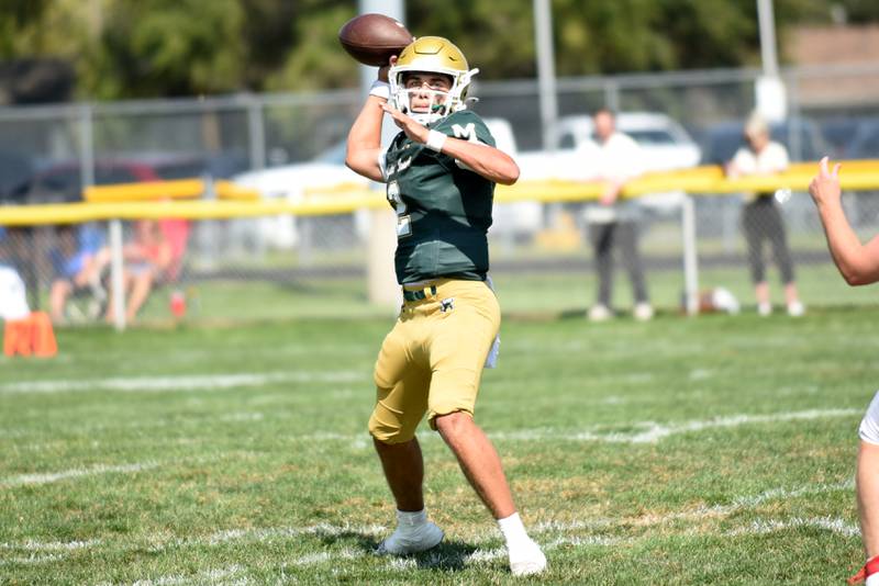 Bishop McNamara's Gavin Antons throws a pass during a home game against Lawrenceville Saturday, Aug. 30, 2025.